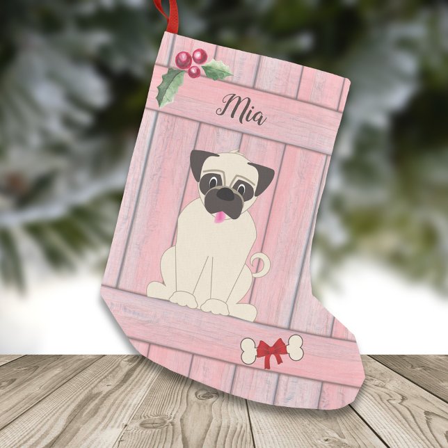 Meia De Natal Pequena Garota Bonita Pug Pink Fence Monograma (Criador carregado)