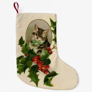 Meia De Natal Pequena Gatinho de Natal Vitoriano em Tabby Antigo com Aze