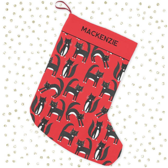Meia De Natal Pequena Gatinho de smoking branco e preto, vermelho, perso (Black and white tuxedo cat pattern personalized custom name red Christmas stocking)