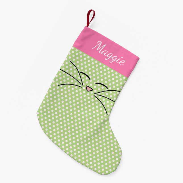 Meia De Natal Pequena Gatinho rosa e verde (Frente (Pendurada))