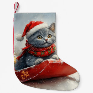 Meia De Natal Pequena Gato Azul Russo em Trenó Deixe Nevar Natal