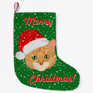 Meia De Natal Pequena Gato bonito no chapéu de Papai Noel com flocos de