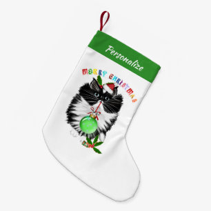 Meia De Natal Pequena Gato Branco e Preto Fofo com Chapéu de Papai Noel