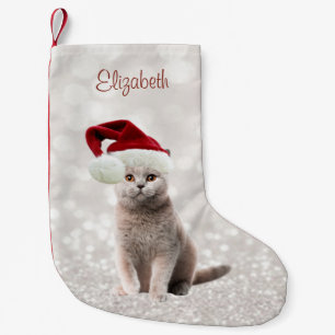 Meia De Natal Pequena Gato Com Chapéu De Papai Noel, Bokeh Brilhante