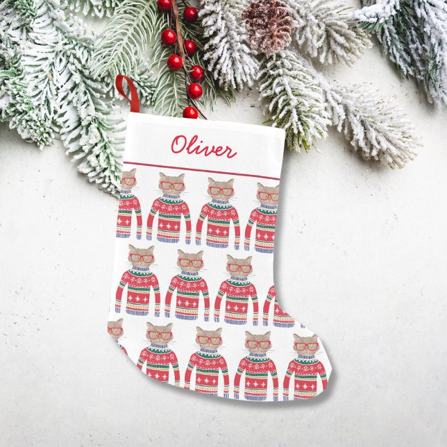 Meia De Natal Pequena Gato de Gato Engraçado Vestindo Suéter de Natal Fe (Criador carregado)