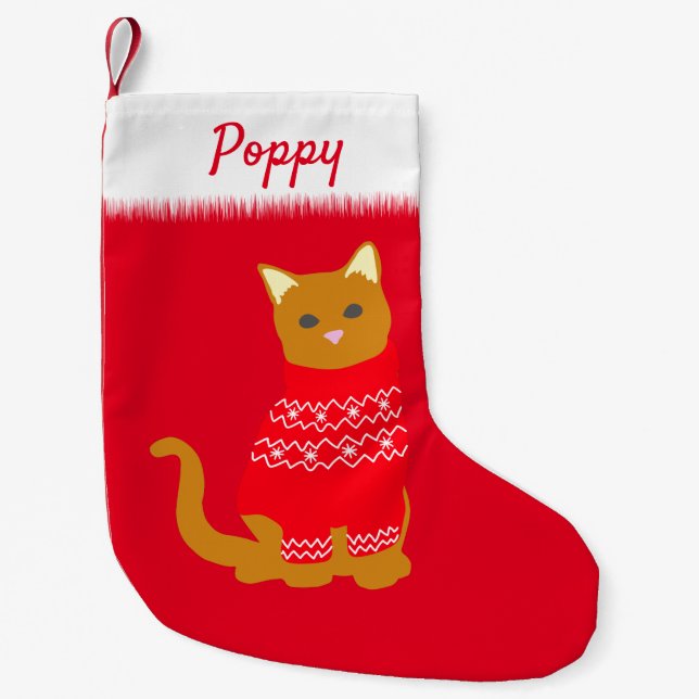 Meia De Natal Pequena Gato de Natal no Jumper Vermelho Festivo (Frente)