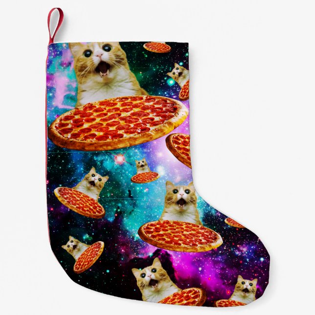 Meia De Natal Pequena Gato de pizza espacial engraçado (Frente)
