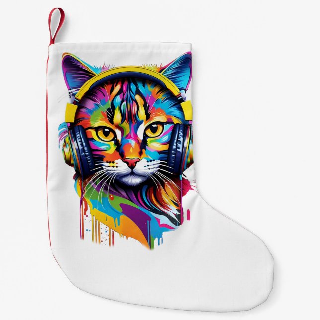 Meia De Natal Pequena Gato em fones de ouvido (Frente)