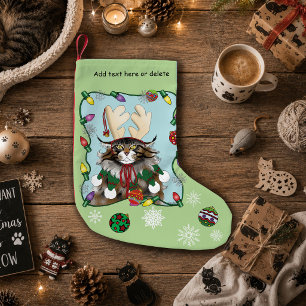 Meia De Natal Pequena Gato engraçado de Natal Humor Gato Maine Coon Verd