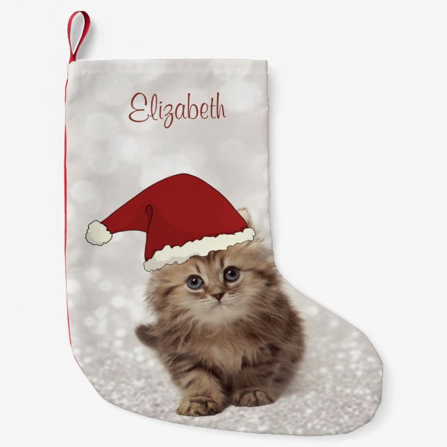 Meia De Natal Pequena Gato Engraçado E Bonito Com Papai Noel, Glittery B (Frente)