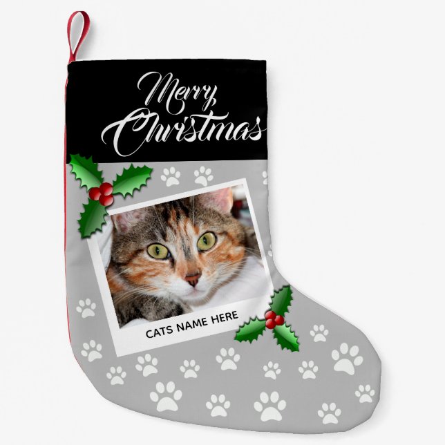 Meia De Natal Pequena Gato Personalizado Elegante (Frente)