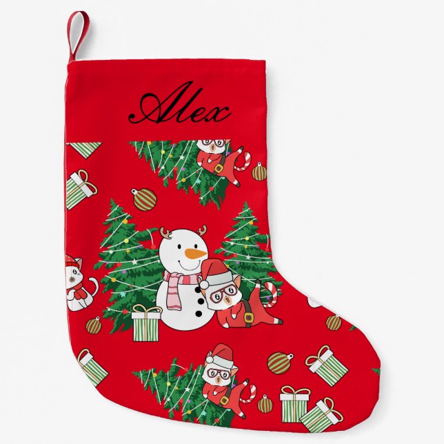 MEIA DE NATAL PEQUENA GATO PESADO COM NEVE PERSONALIZADO (Frente)