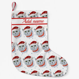 Meia De Natal Pequena Gato Prata Fofo com Chapéu de Papai Noel Natal