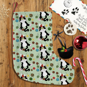 Meia De Natal Pequena Gato Preto Branco Smoking Engraçado Festa Verde