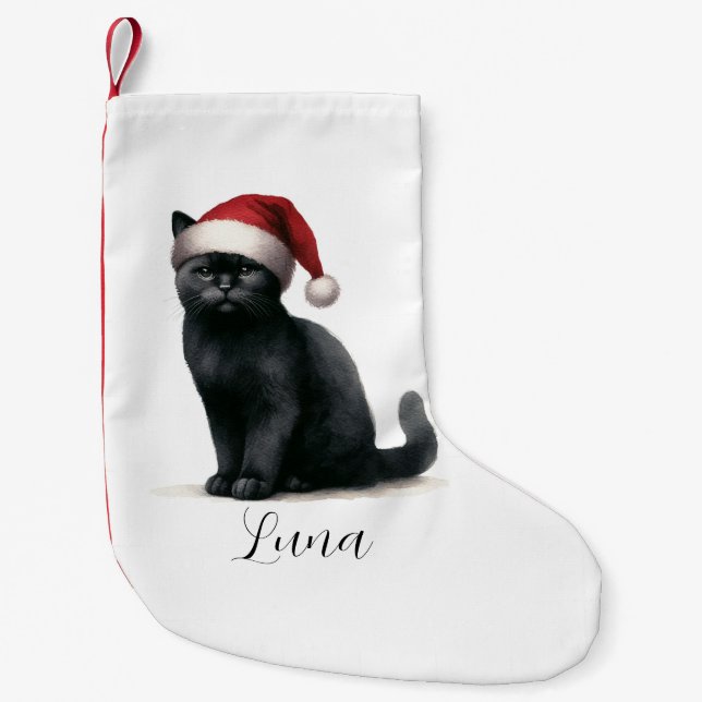 Meia De Natal Pequena Gato Preto de Aquarelas na Festiva Santa Hat (Frente)