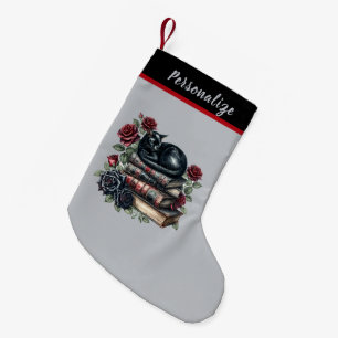 Meia De Natal Pequena Gato Preto Gótico em Livros Rosas Vermelhas Natal