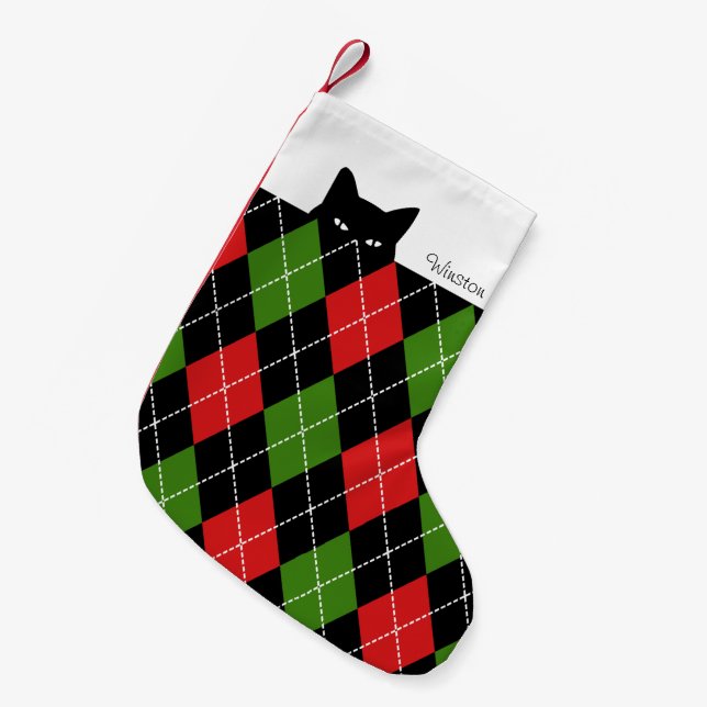 Meia De Natal Pequena Gato Sorrateiro Xadrez Vermelho Verde Preto (Frente (Pendurada))