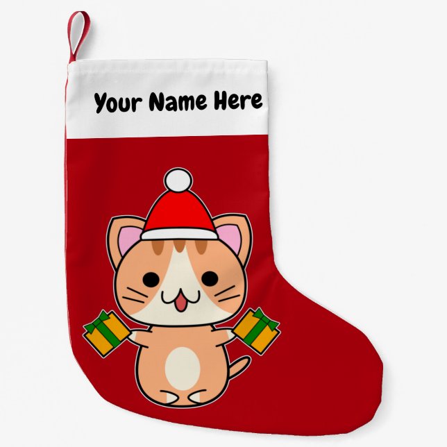 Meia De Natal Pequena Gato Tabby Ginger de Natal (Frente)