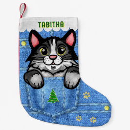 Meia De Natal Pequena Gato Tuxedo no bolso Faux Denim com nome personali