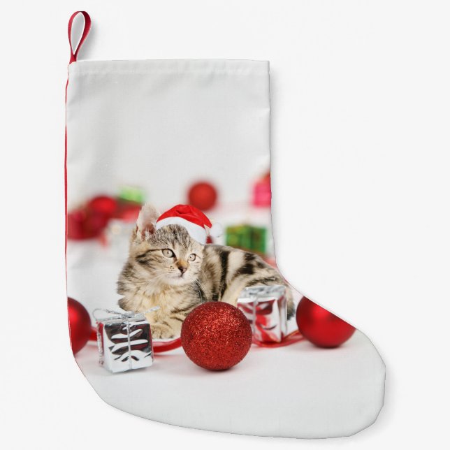 Meia De Natal Pequena Gato vestindo Enfeites de natal de chapéu vermelho (Frente)