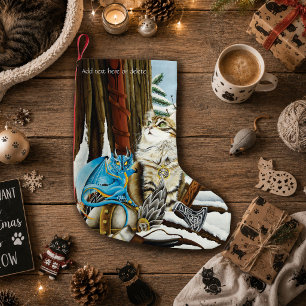 Meia De Natal Pequena Gato Viking Azul Dragão Fantasia
