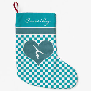 Meia De Natal Pequena Ginástica Checkered verde da cerceta com monogram