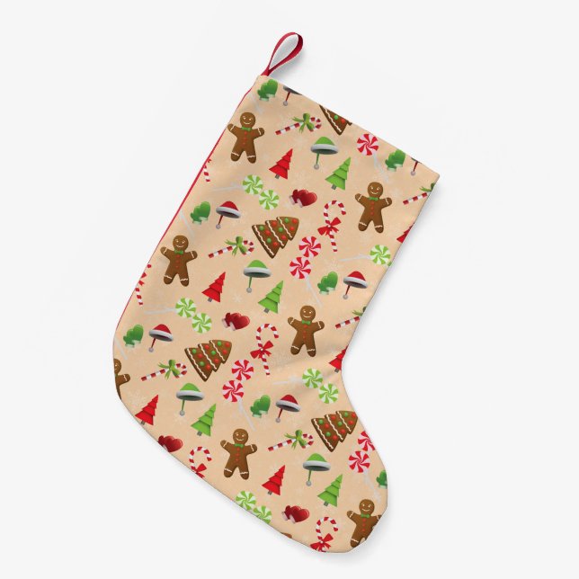 Meia De Natal Pequena Gingercake Man, Candy and Santa hat (Frente (Pendurada))