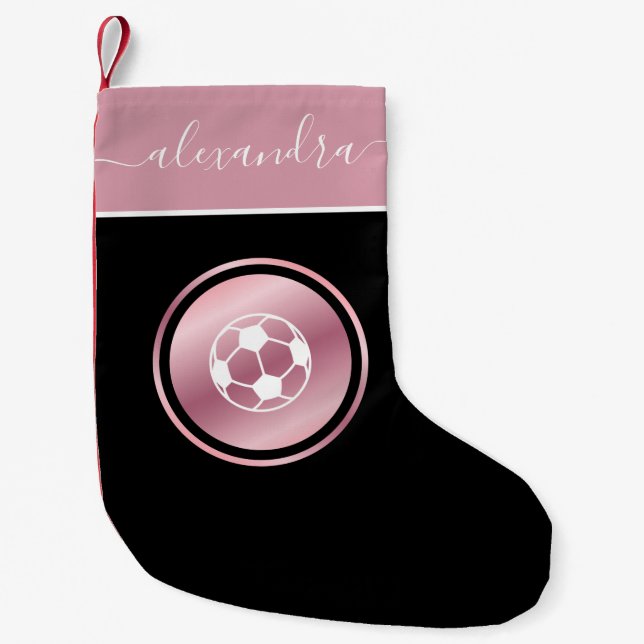 Meia De Natal Pequena Girls Soccer Rosa Dourado Ball e Bonito Girls Name (Frente)