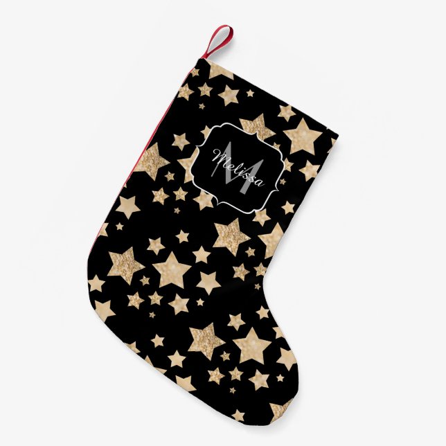 Meia De Natal Pequena Glitter dourado de champanhe Estrelas Monograma (Frente (Pendurada))
