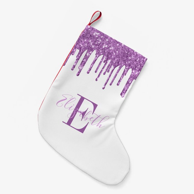 Meia De Natal Pequena Glitter Roxo Roxo Monograma Elegante (Frente (Pendurada))
