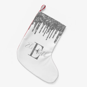 Meia De Natal Pequena Glitter Silver Monograma Elegante Branco