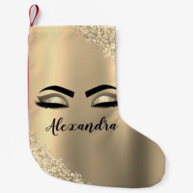 Meia De Natal Pequena Glitter Sparkle Eyelashes Dourado Nome do Monogram (Frente)