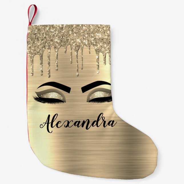 Meia De Natal Pequena Glitter Sparkle Eyelashes Dourado Nome do Monogram (Frente)