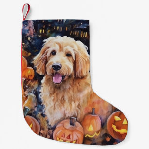 Meia De Natal Pequena Goldendoodle de Halloween com Abóboras Assustadora