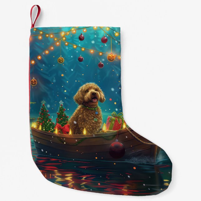 Meia De Natal Pequena Goldendoodle Natal Viagem Festiva (Frente)