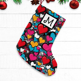 Meia De Natal Pequena Graffiti Hearts Bright Colorful Monogrammed