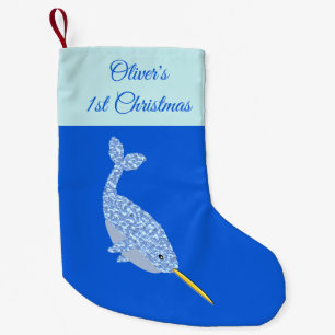 Meia De Natal Pequena Grafo Azul Menino Narwhal Personalizado 1rua Natal