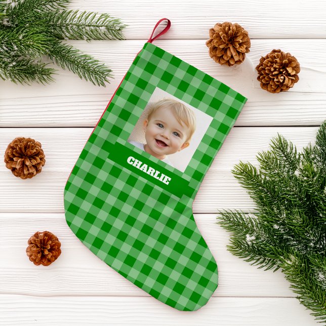 Meia De Natal Pequena Green Plaid Kid Photo & Name Gingham Rustic Checks (Criador carregado)