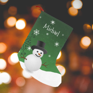 Meia De Natal Pequena Green Snowman Winter Scene Christmas Stocks