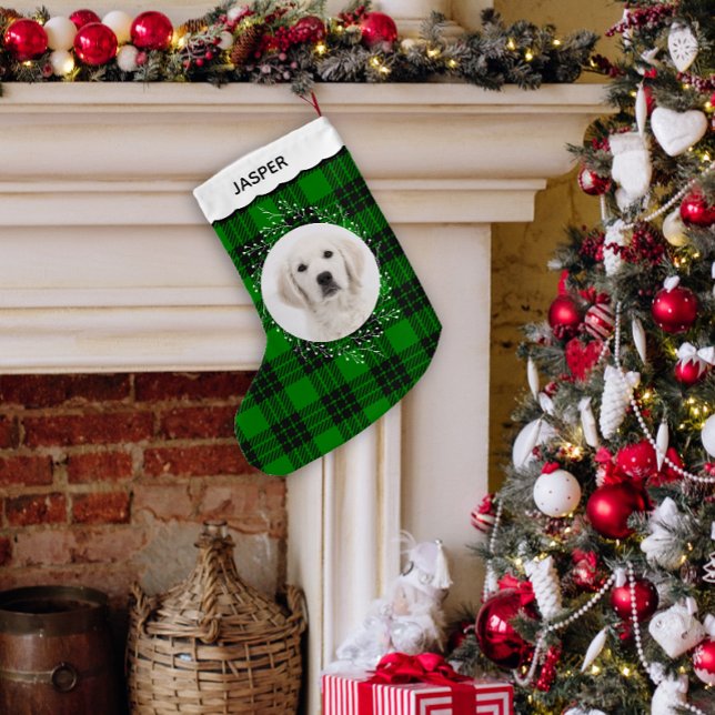 Meia De Natal Pequena Green Tartan Plaid Winter Wreath Pet Dog Photo (Photo green tartan plaid pet photo Christmas stocking)
