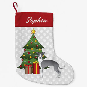 Meia De Natal Pequena Greyhound Italiano Azul E Branco E Árvore De Natal