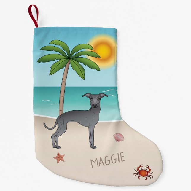 Meia De Natal Pequena Greyhound Italiano Azul Na Praia Tropical De Verão (Frente)