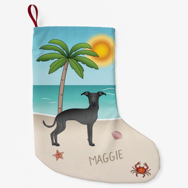 Meia De Natal Pequena Greyhound Italiano Negro Na Praia Tropical De Verã (Frente)
