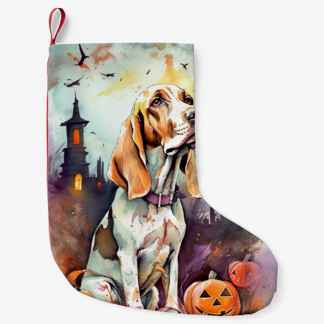 Meia De Natal Pequena Halloween Basset Hound Com Pumpkins Assustado (Frente)