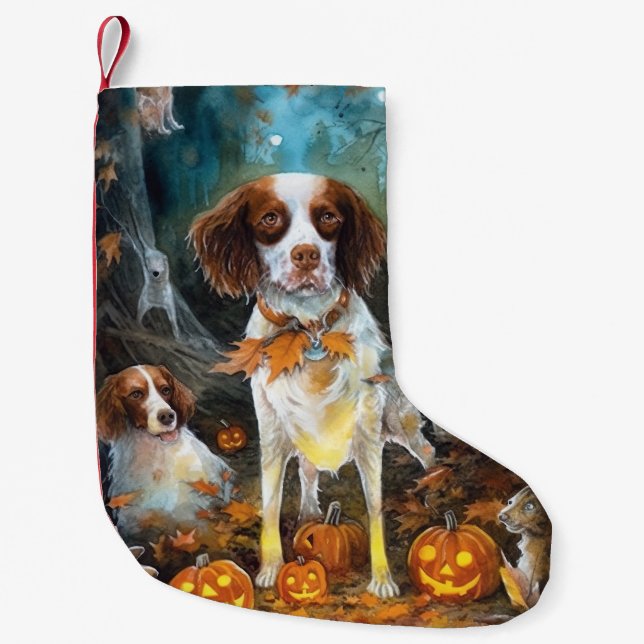 Meia De Natal Pequena Halloween Brittany Spaniel Com Pumpkins Assustado (Frente)