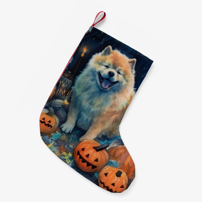 Meia De Natal Pequena Halloween Chow Chow Com Pumpkins Assustado (Frente (Pendurada))