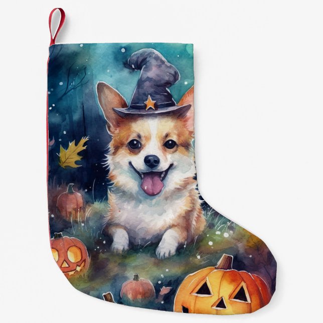 Meia De Natal Pequena Halloween Corgi Com Pumpkins Assustado (Frente)