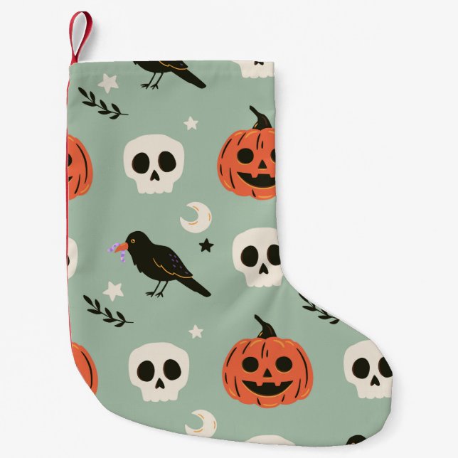 Meia De Natal Pequena Halloween seamless pattern with ravens, skulls and (Frente)