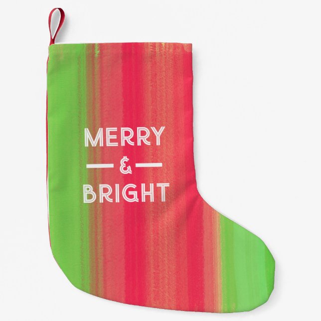 Meia De Natal Pequena Hand Painted Merry and Bright (Frente)