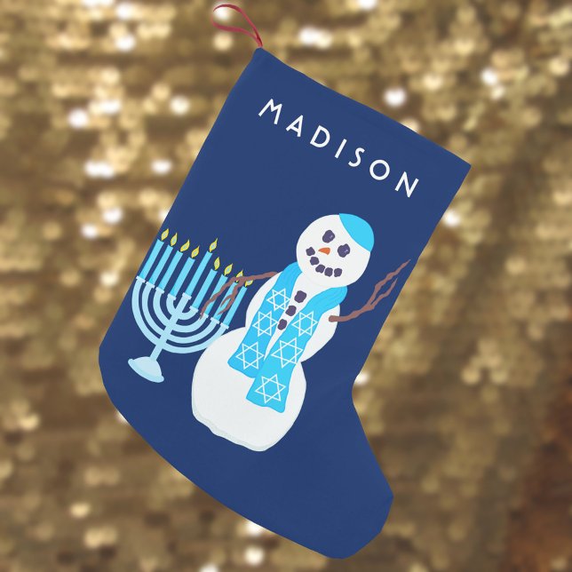 Meia De Natal Pequena Hanukkah Jewish Snowman Menorah SML Chrismukkah (Add a name to this cute snowman and menorah holiday stocking perfect for interfaith families)